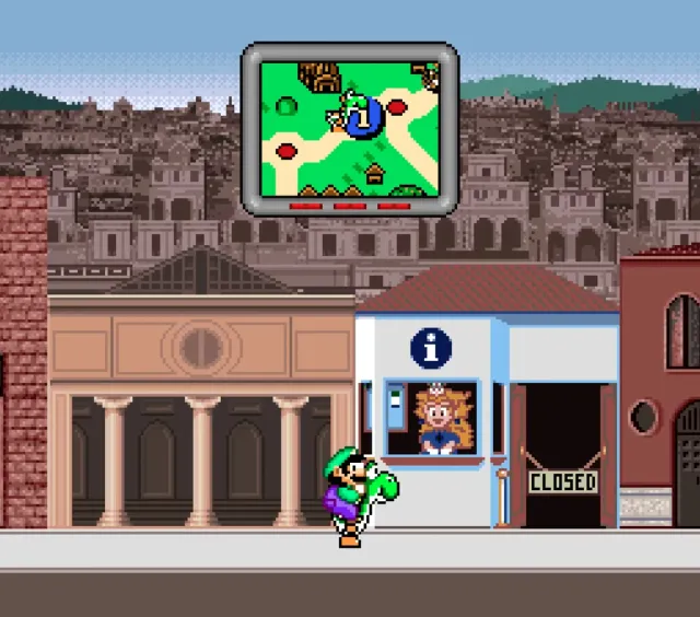 Princess Peach manning an information booth